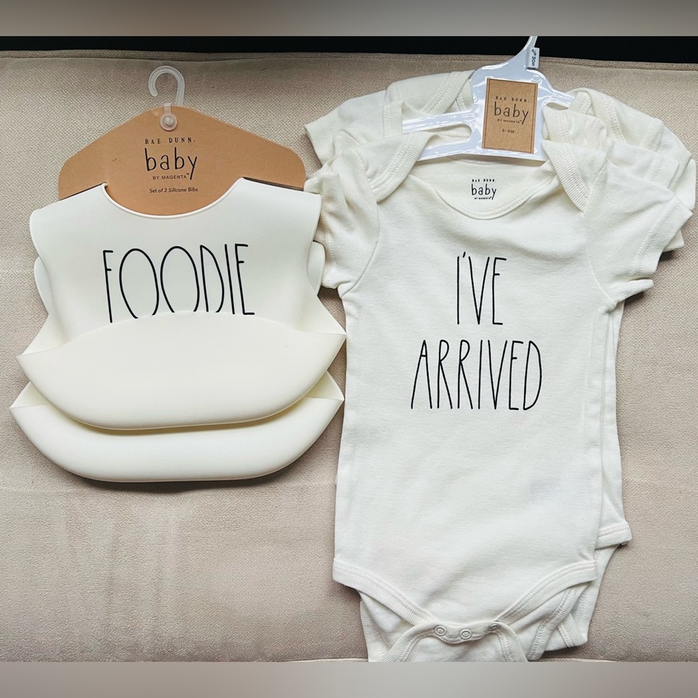 NWT! Rae Dunn Baby 3 piece onesie set and 2 piece silicone bib set